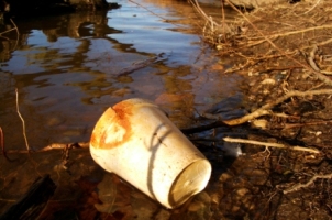 Photograph of a polysterene cup lying in a dirty stream